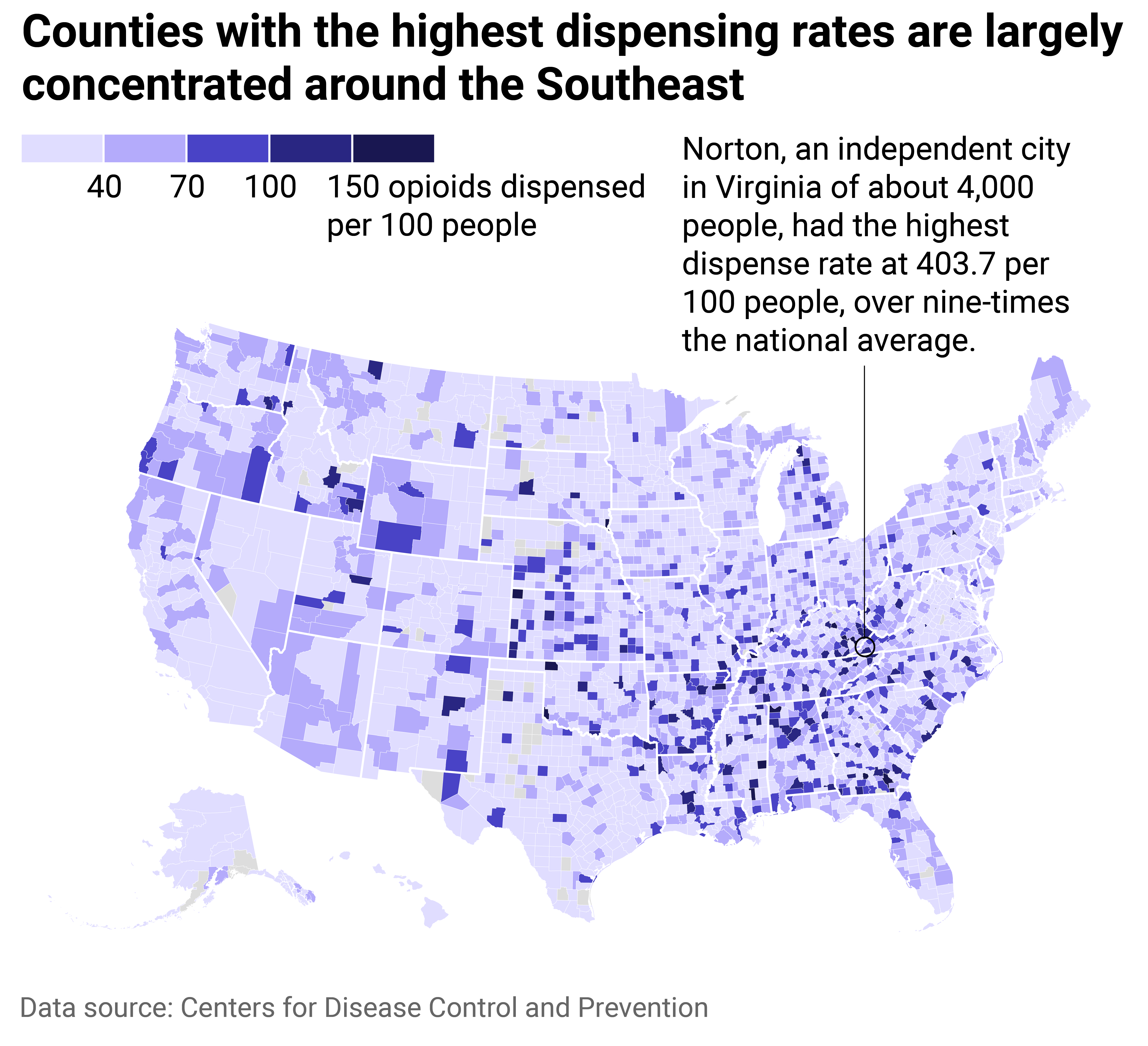 County Map showing counties with the highest dispensing rates are largely concentrated around Southeast. 