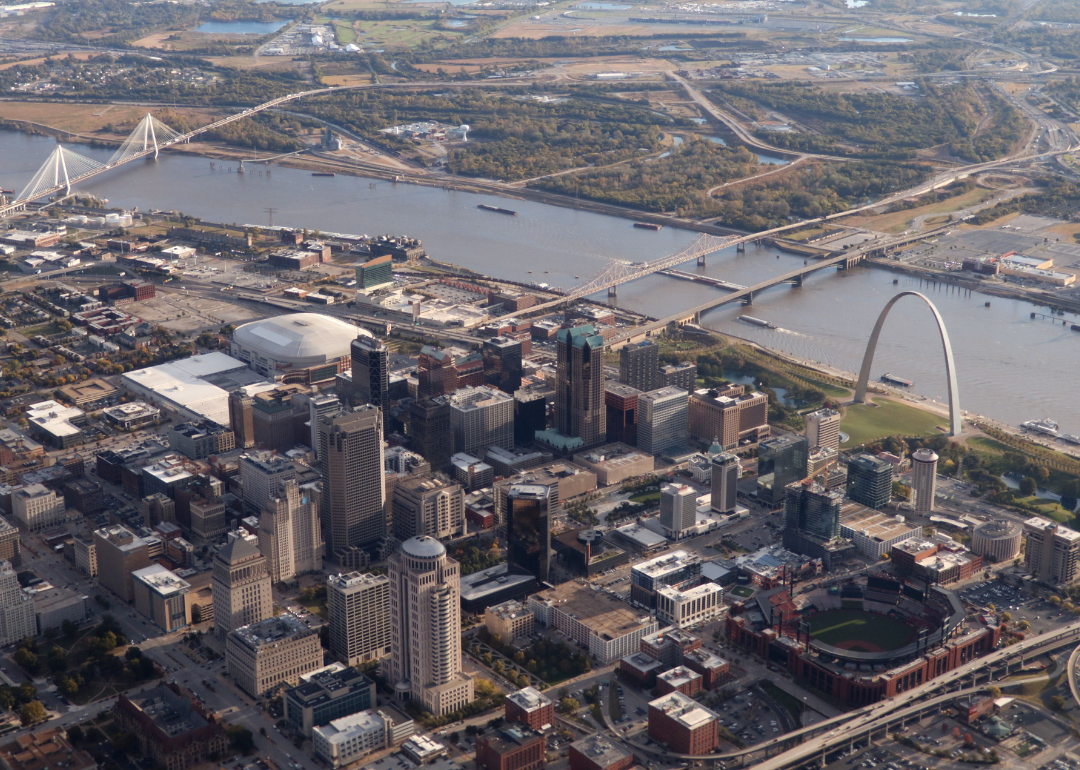 Aerial view shows the Gateway Arch near the Mississippi River in St. Louis, Missouri. Jennings is in St. Louis County.