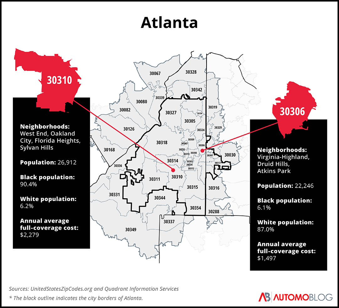 A graphic map of Atlanta, Georgia, by zip code with text comparing insurance costs and rates between two selected zip codes.