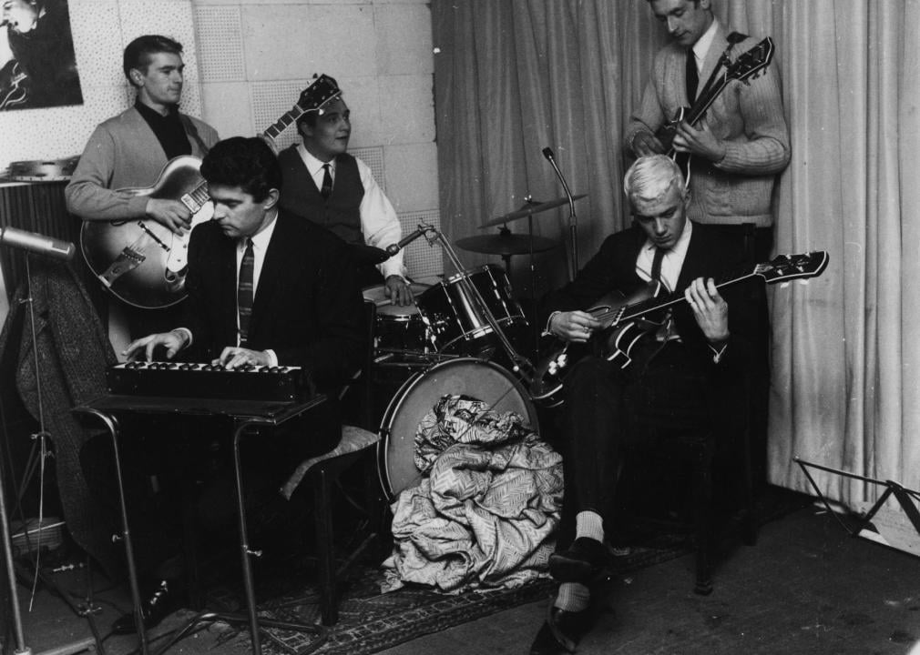 British instrumental pop group The Tornados playing in a house studio.