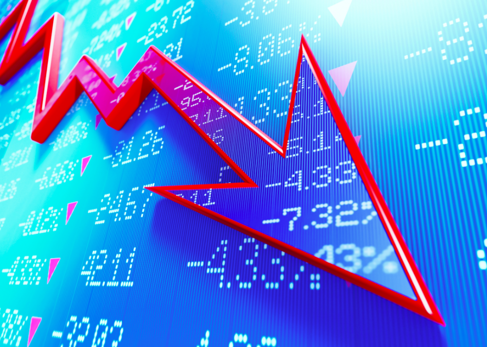 A red arrow pointing down over stock market data.