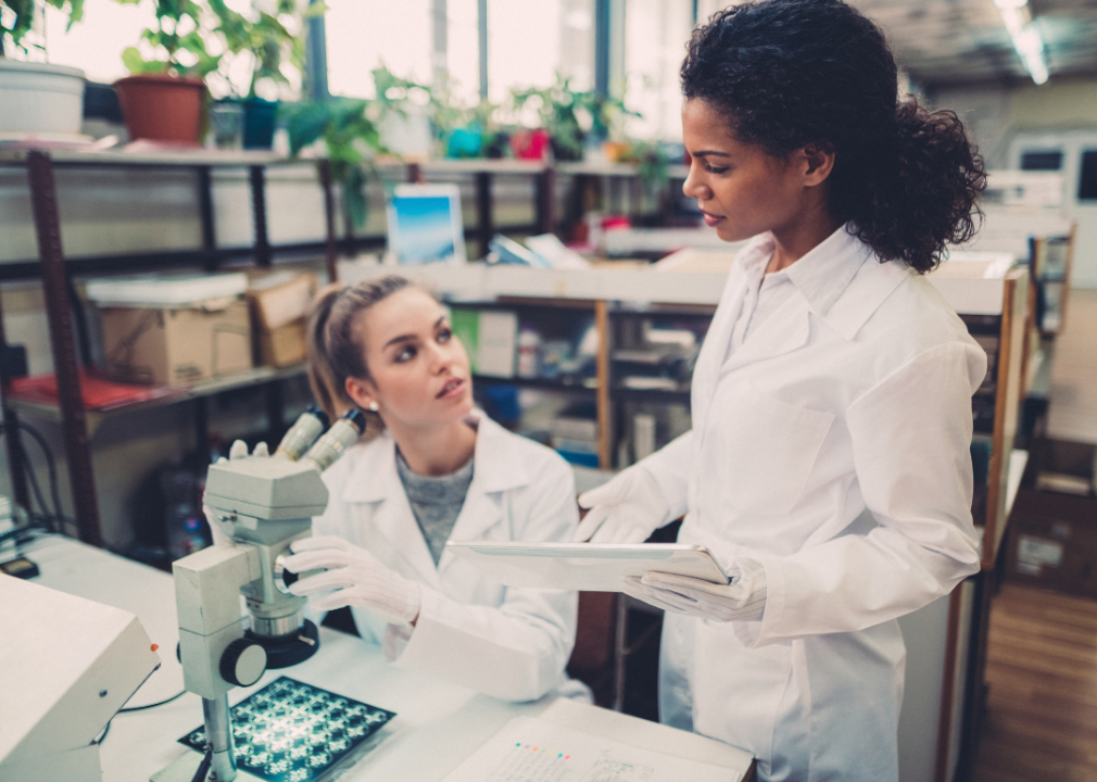 Two female scientists discuss research results in a laboratory environment