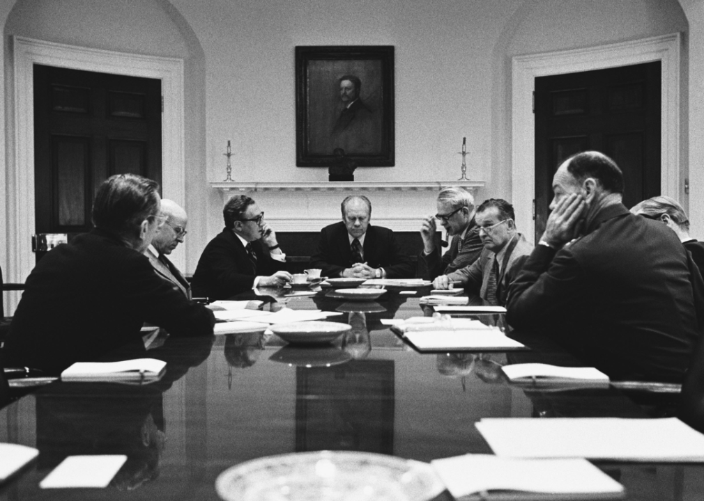 President Ford meeting with his National Security Council to discuss evacuating Americans and their supporters from Vietnam on April 28, 1975.