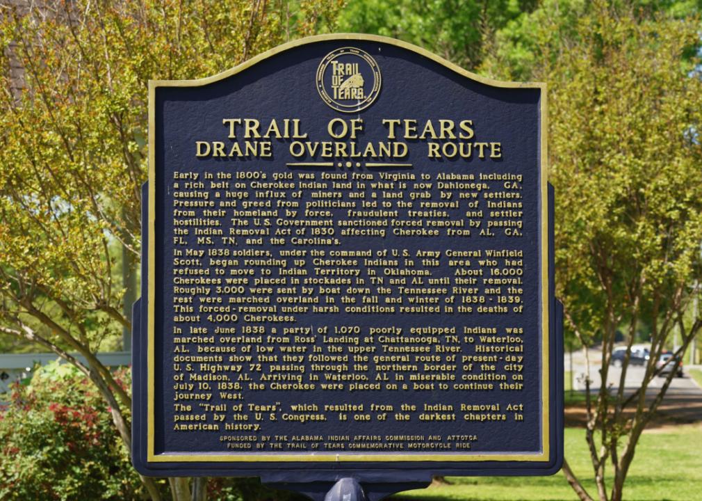 A placard of the Trail of Tears Drane Overland Route.
