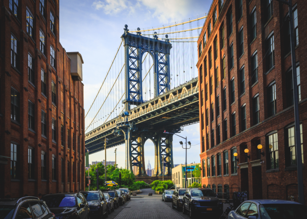 The Brooklyn Bridge as seen from the Dumbo neighborhood in Brooklyn.