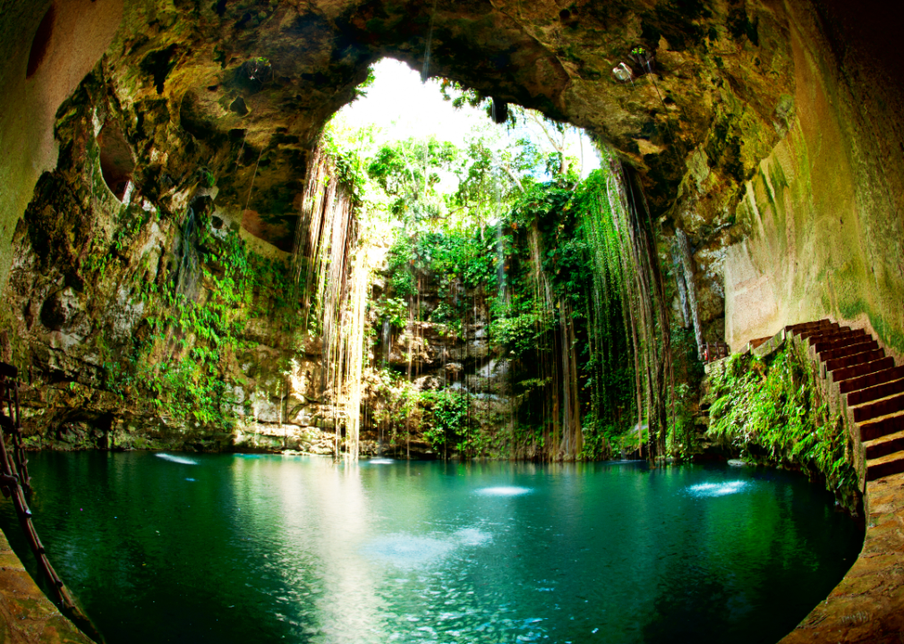 The view from inside a cenote in Chichen Itza Mexico.