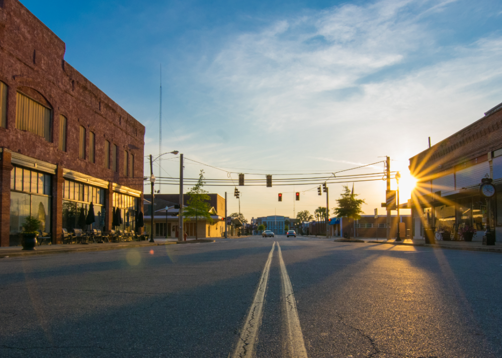 sunset on main street in a small town 