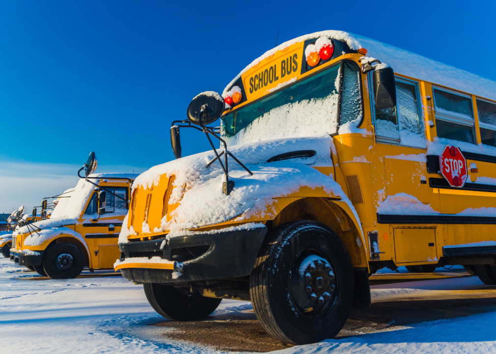 School buses covered in snow.
