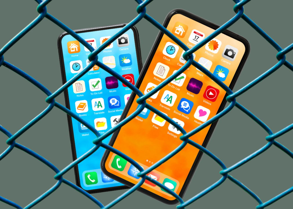 cell phone screens appear behind chain link fence illustration