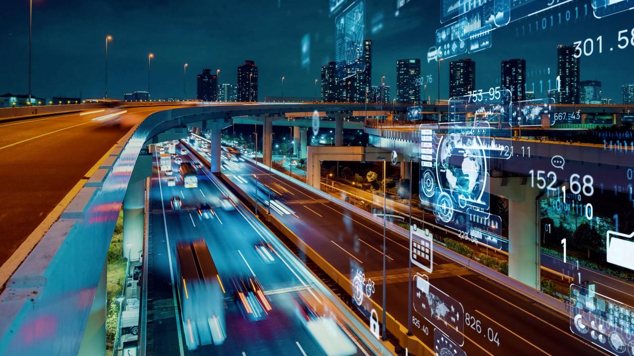 futuristic numbers over freeway, illustrating gathering data from cars on road concept