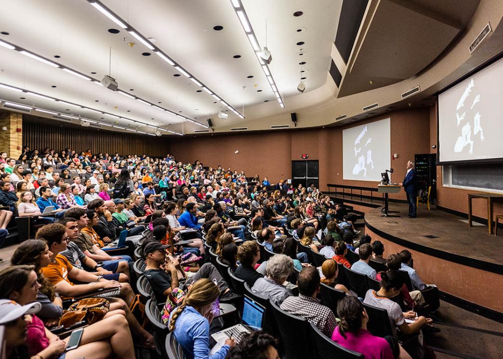 large lecture hall of students listening to professor at UT Austin