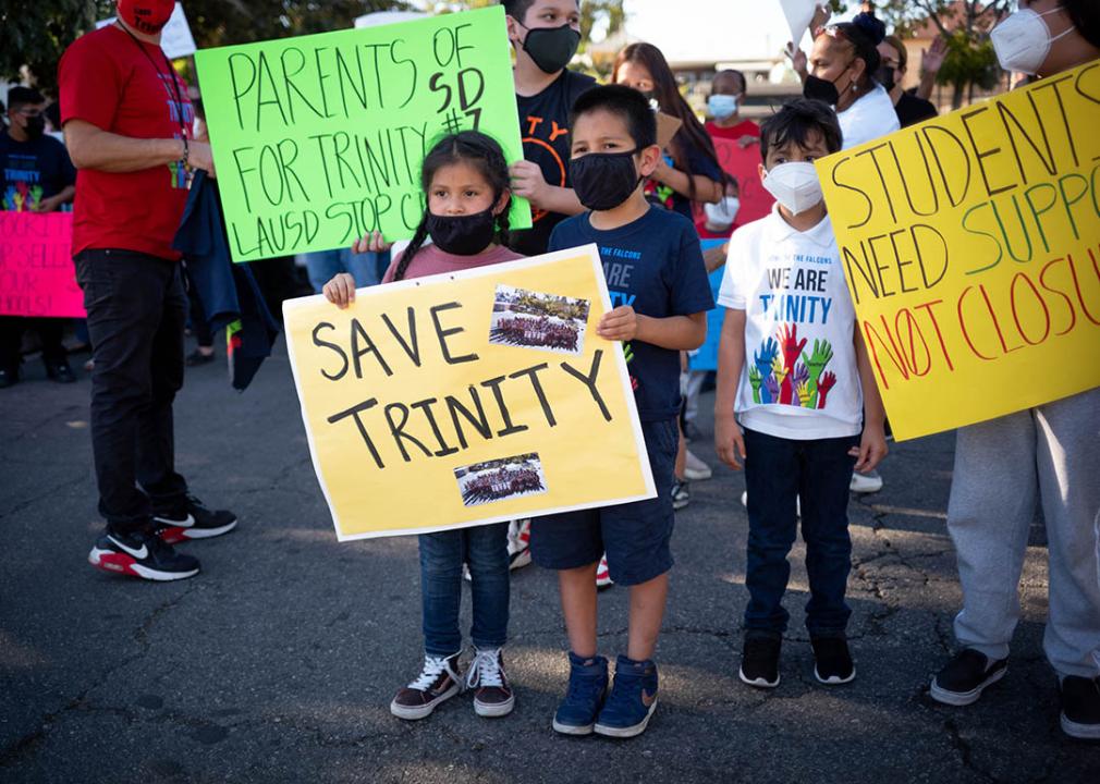  Parents, teachers and students rallied outside a Los Angeles district office in 2021 to keep Trinity Elementary open. 