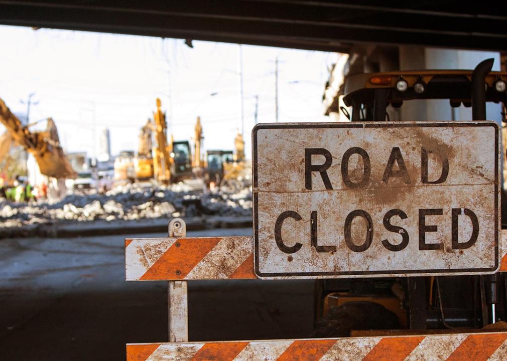Road closed sign in front of bridge construction in Atlanta, GA 