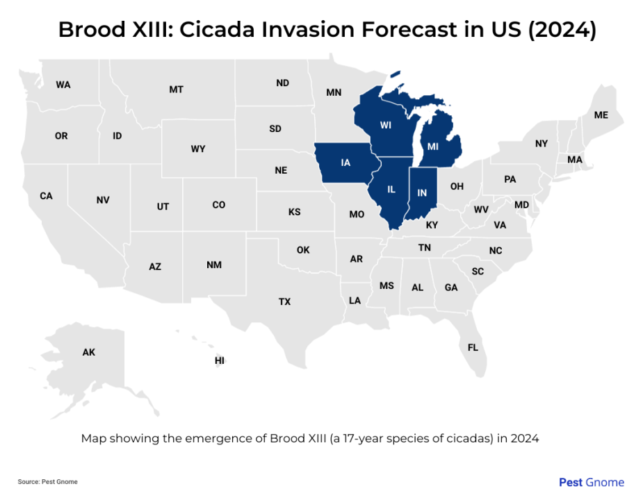 map showing where 17-year cicadas will emerge