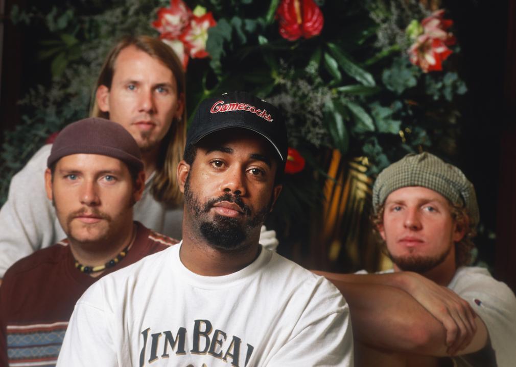 Studio portrait of Hootie & the Blowfish members Darius Rucker, Mark Bryan, Dean Felber, and Jim Sonefeld in Brussels in 1996.