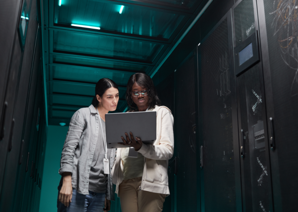 Two IT professionals sharing information on a laptop.