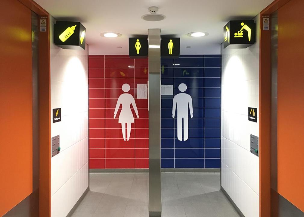 public restroom with two entrances for binary genders
