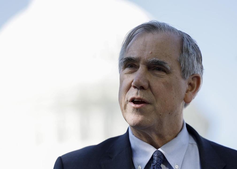 Sen. Jeff Merkley (D-OR) speaks at a press conference outside of the U.S. Capitol Building. 