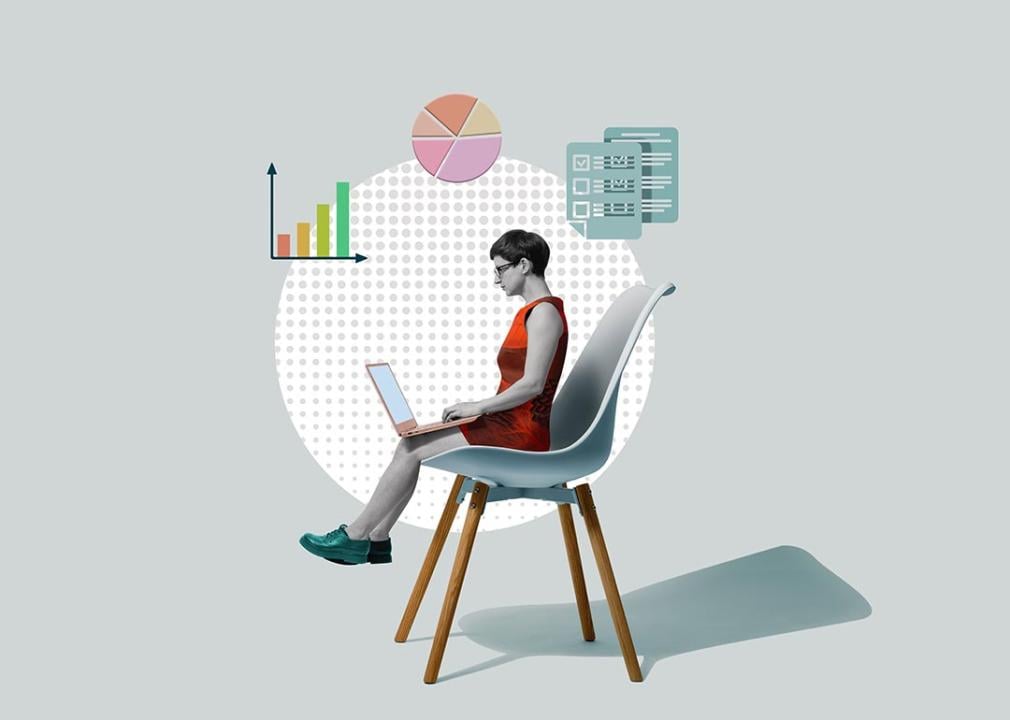 A modern style collage of person sitting in chair working on laptop with visual elements of expenses and reports overhead; concept of tracking business expenses.