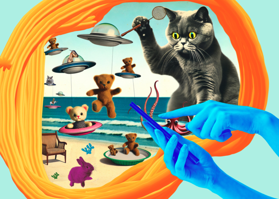 A photo illustration of two hands on a smartphone creating a silly mix of cats and UFOs on a beach.