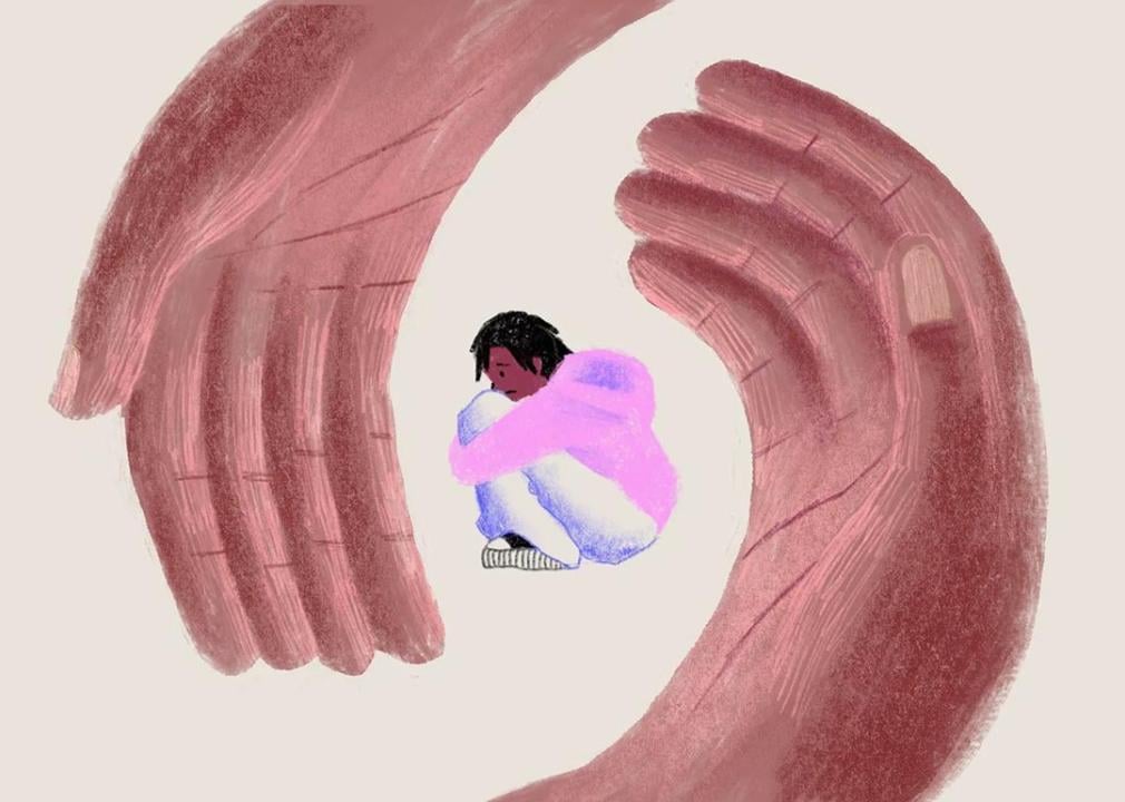 Illustration of young Black person crouched in vulnerable position, surrounded by painting of large hands symbolizing protection.