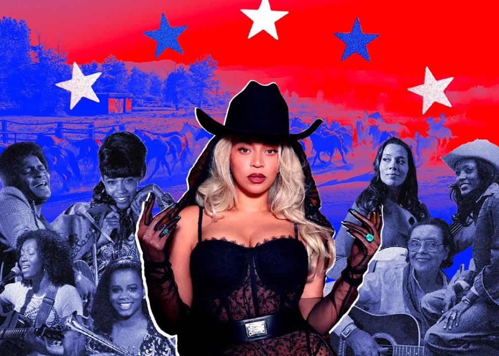 Photo illustration collage of Beyonce wearing cowboy hat with other country musicians behind her in black and white.