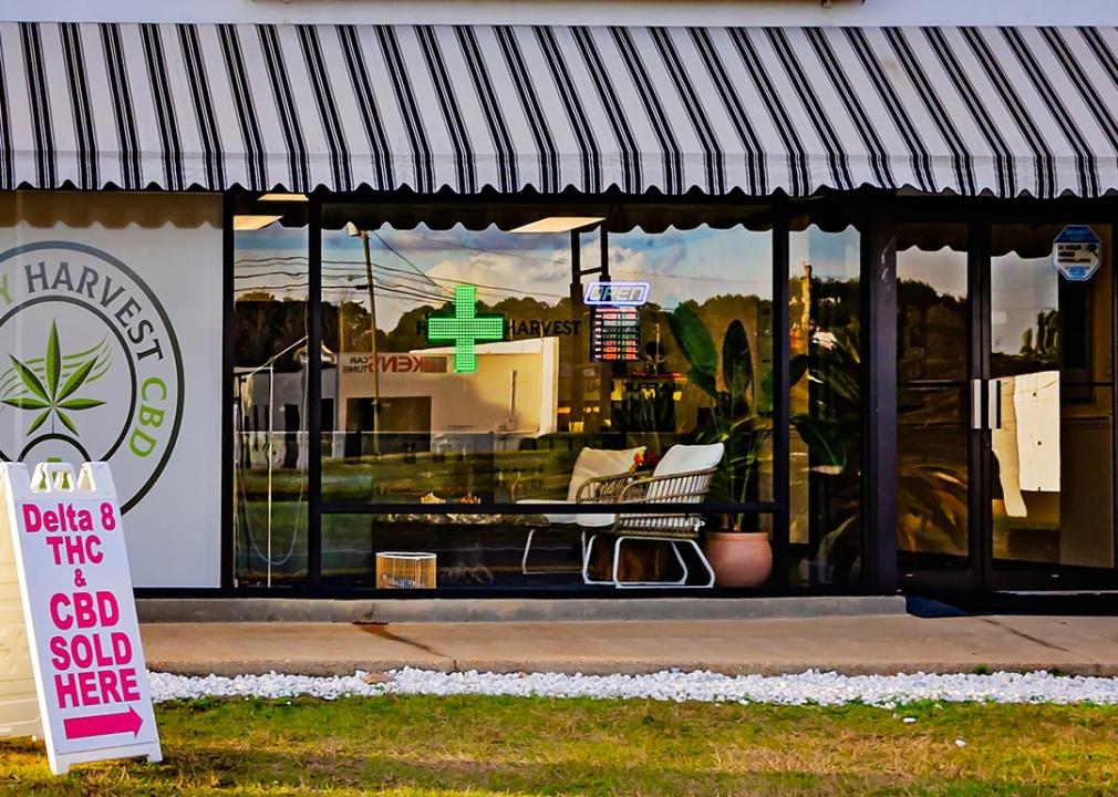 A store called Healthy Harvest CBD is pictured with signage at the front.