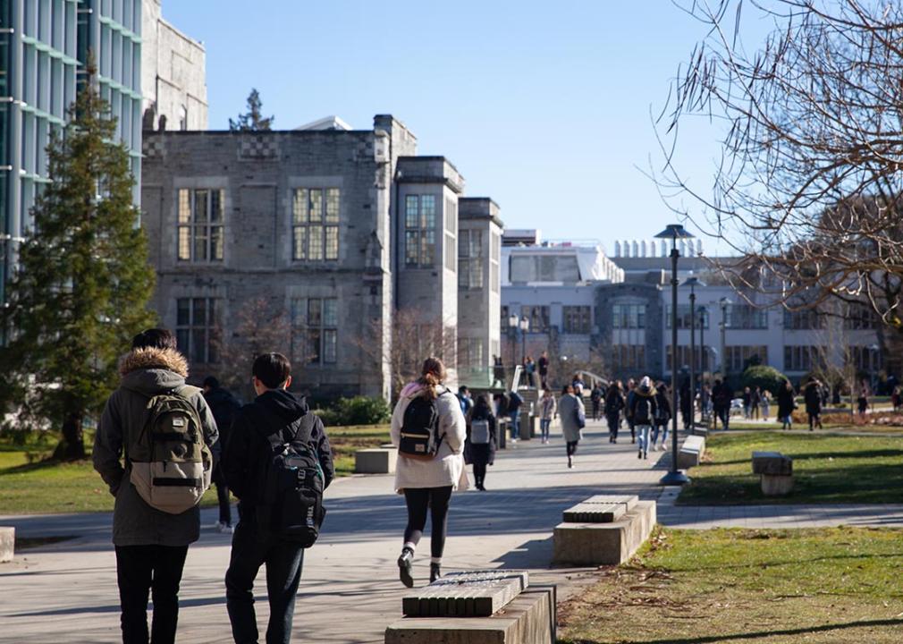 Students walking between classes in a university campus.