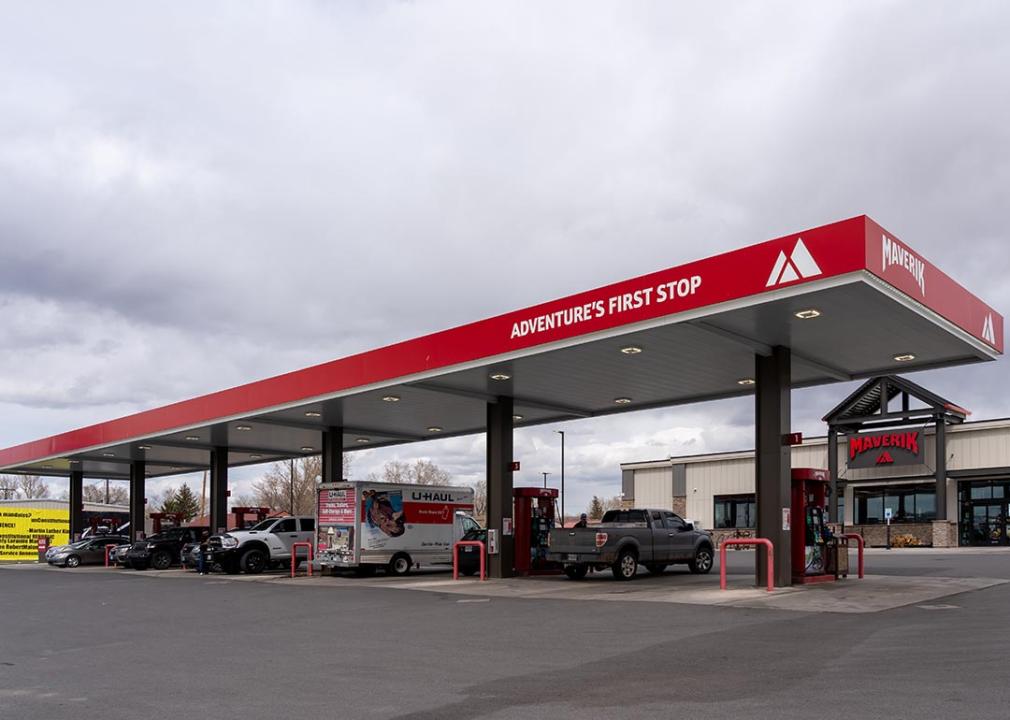 A Maverik gas station and convenience store are photographed on a cloudy day in Wyoming, USA on May 8, 2023.