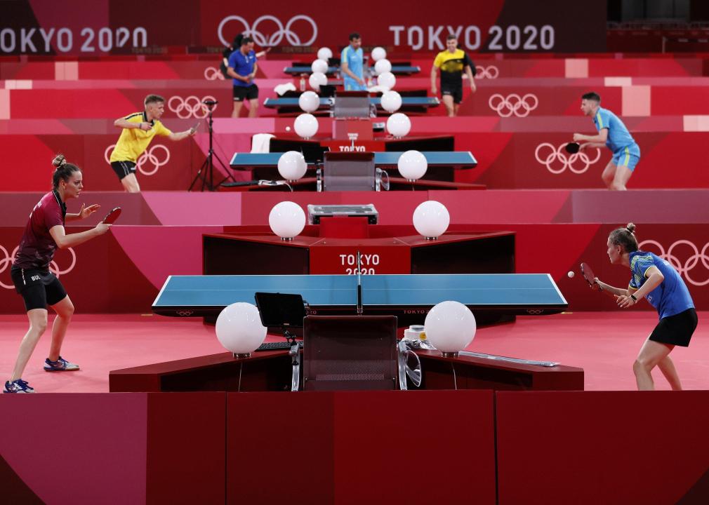 A general view of at Tokyo Metropolitan Gymnasium as table tennis players practice.