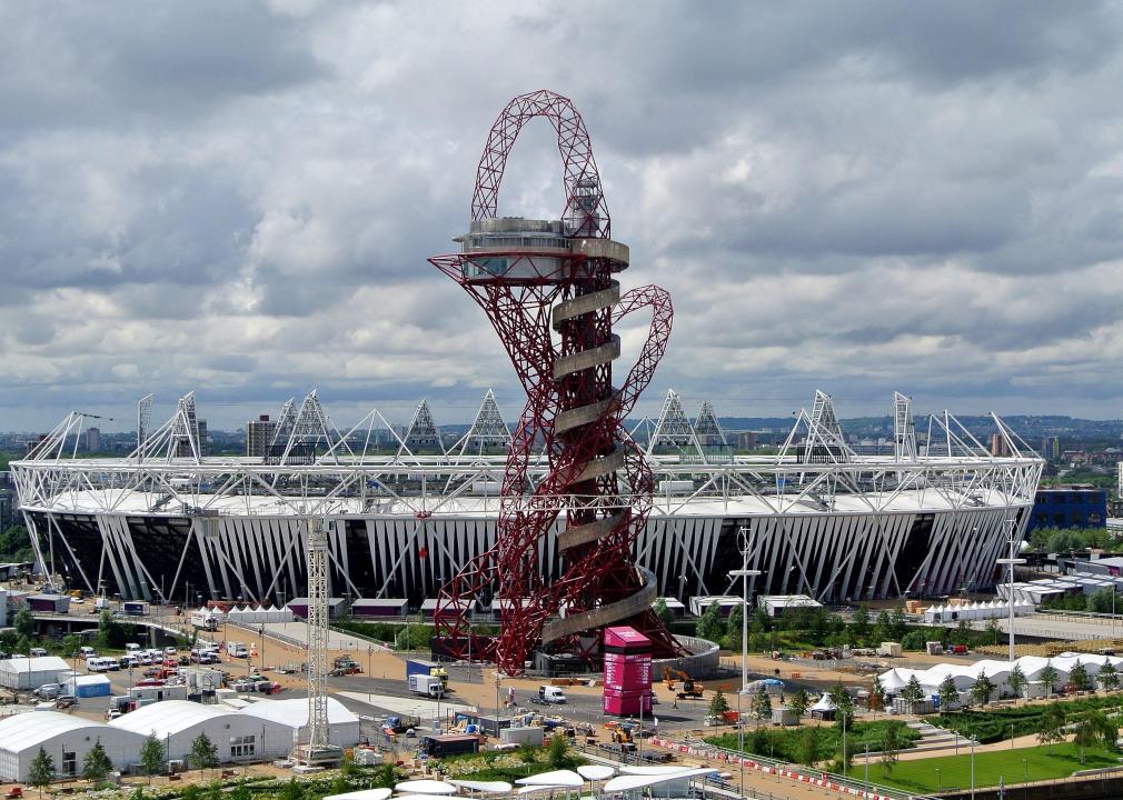 A general view of the the ArcelorMittal Orbit sculpture standing.