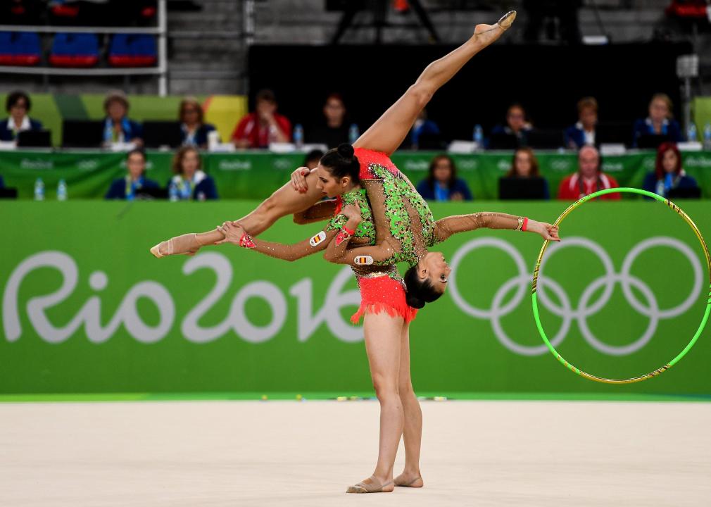 The Spain team competing during the Rhythmic Gymnastics Group All-Around Final.