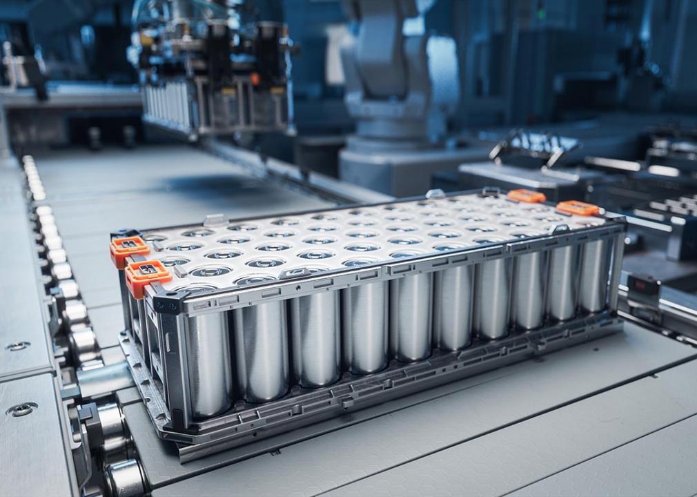 Lithium ion battery for electric vehicle on production line. 