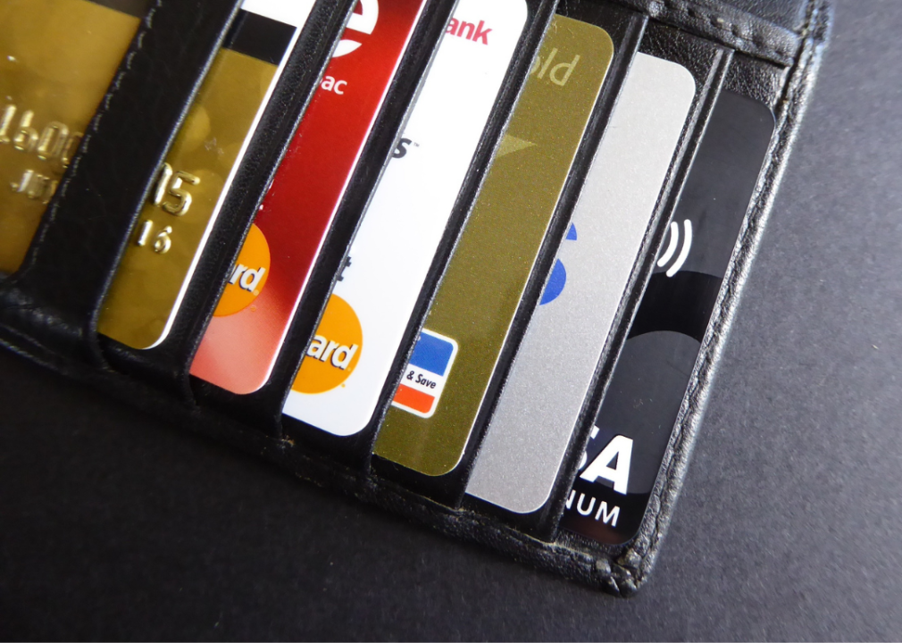 A close-up photograph of credit cards inside a wallet.