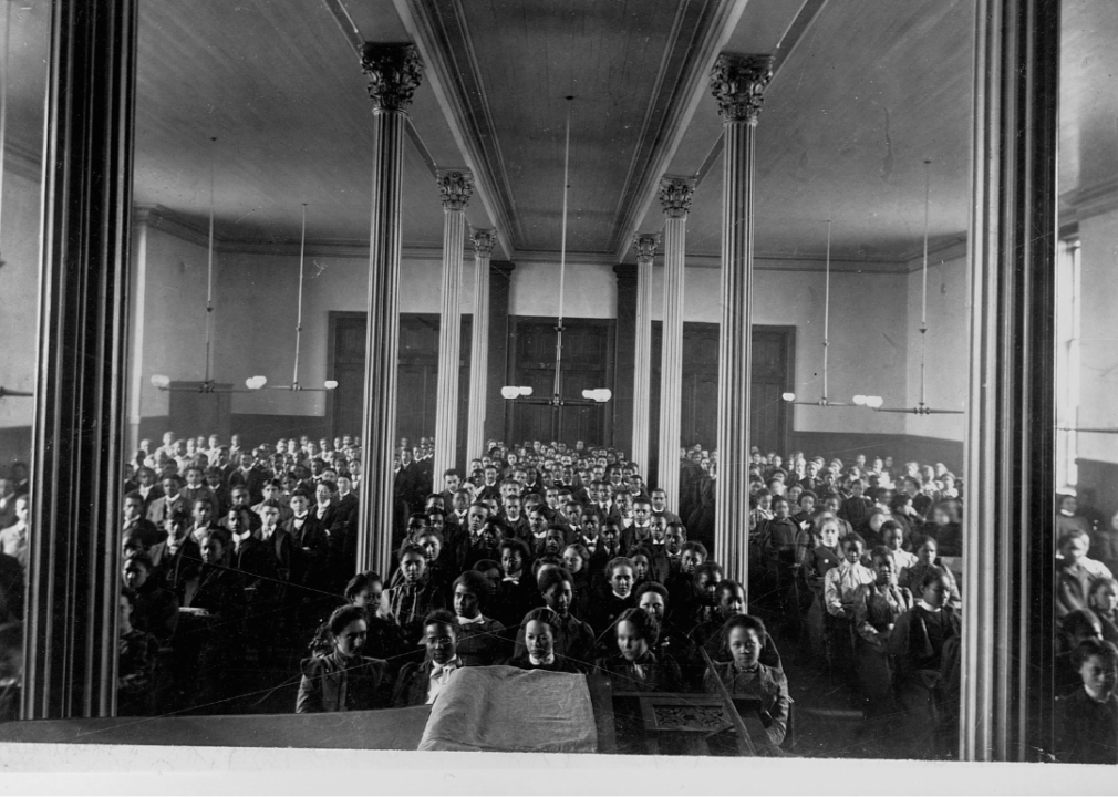 A room full of seated students.