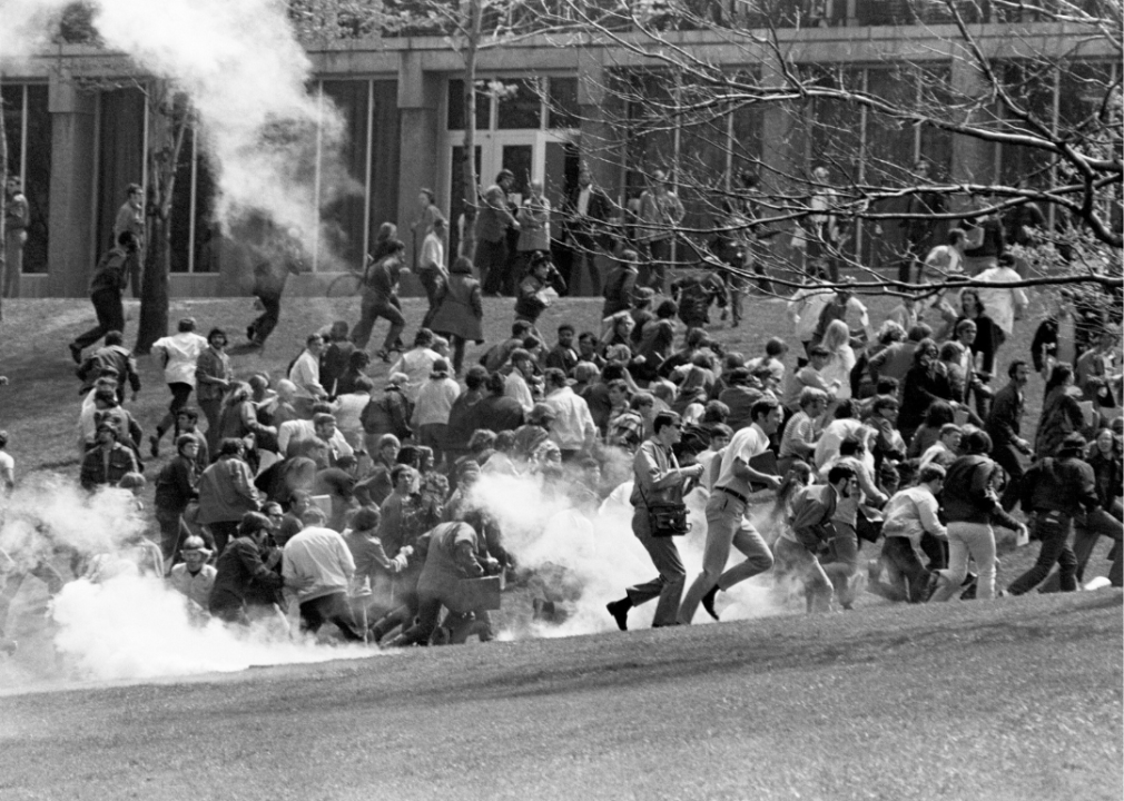 A chaotic scene of protestors running around after being hit with smoke bombs.