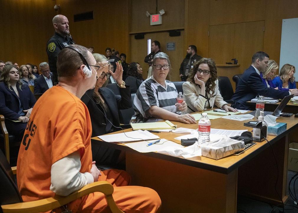  James Crumbley, Jennifer Crumbley, and attorneys sit in court for sentencing on four counts of involuntary manslaughter for the deaths of four Oxford High School students who were shot and killed by the Crumbley parents