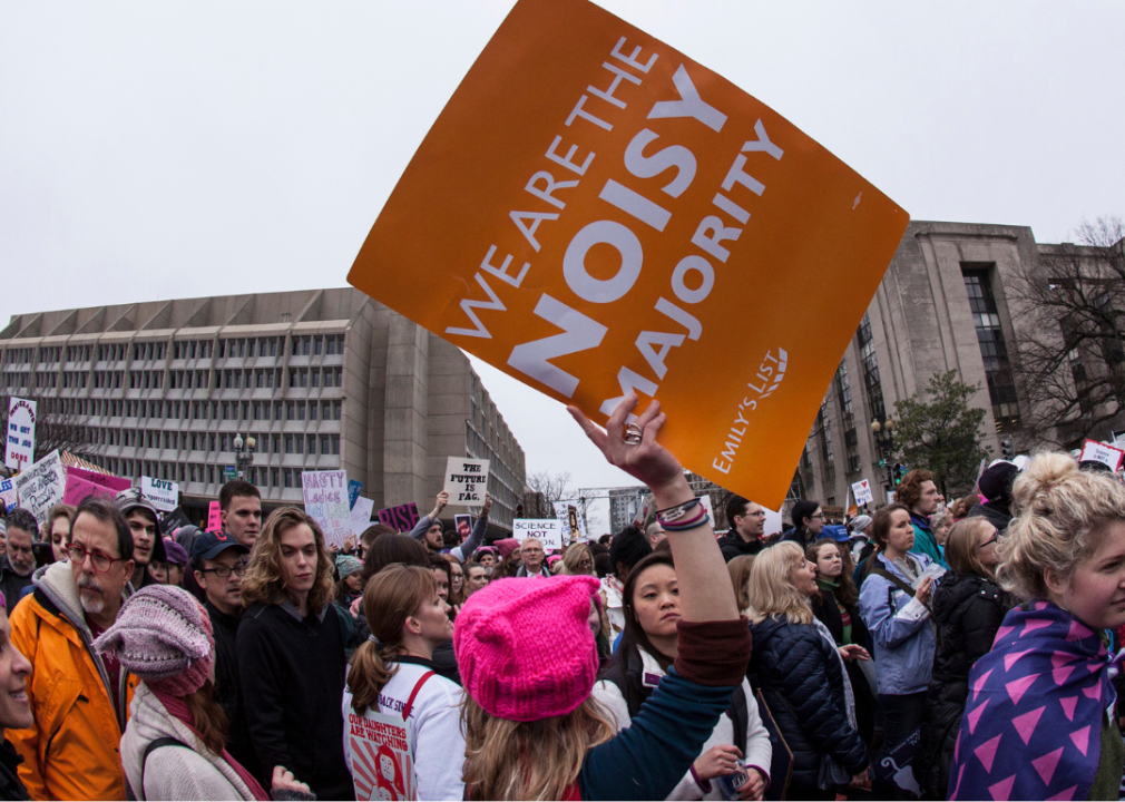 Protestors stand with many holding signs, including one that says, we are the noisy majority, with an Emily