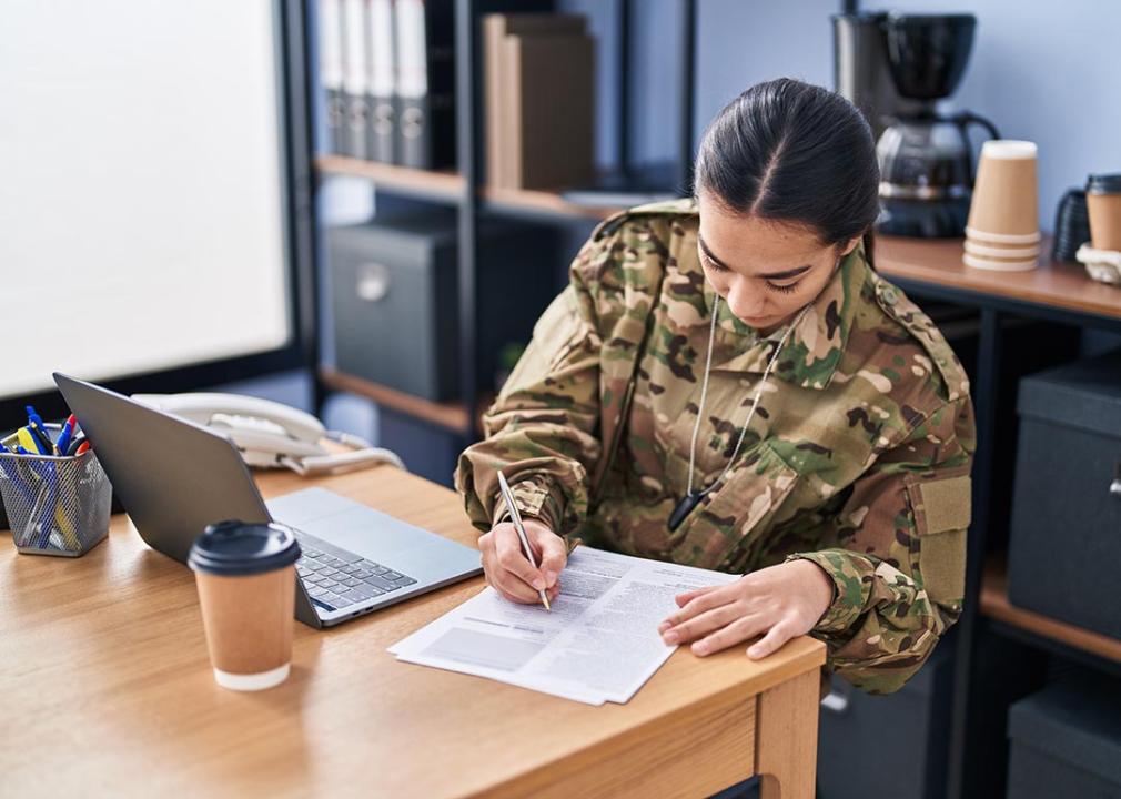 Woman wearing camo military uniform sits at desk doing paperwork.