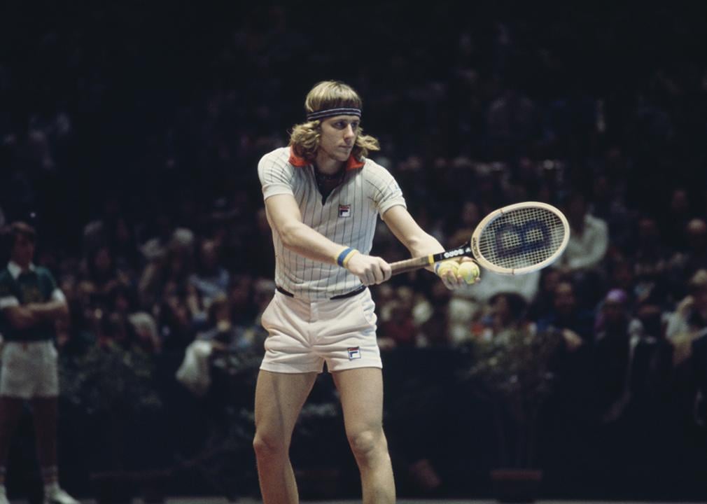 Swedish tennis player Björn Borg in action during a match at Wimbledon in the '80s.
