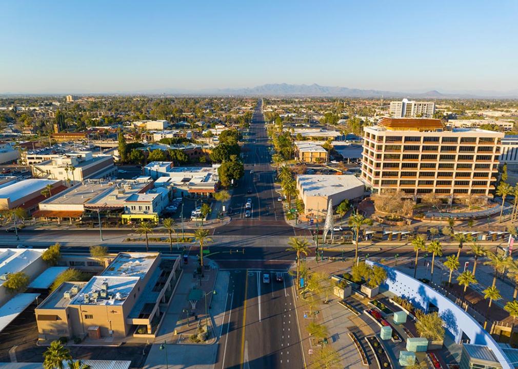 City center aerial view on Center Street in Mesa, AZ.