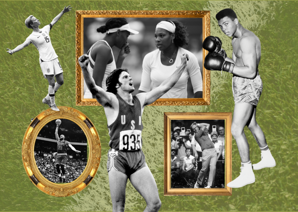 A collage-style photo illustration featuring some of the most famous athletes such as Venus and Serena Williams, LeBron James, Muhammad Ali, Bruce Jenner, Megan Rapinoe, and Jack Nicklaus from moments of their sports events over the past 69 years.