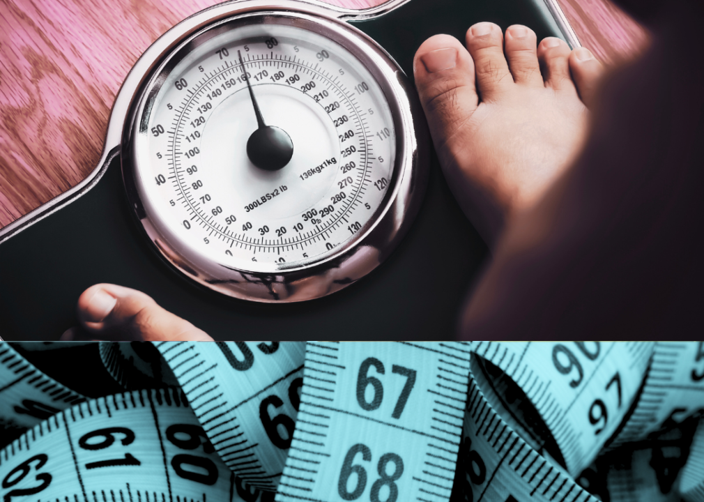 A split screen with one photo showing a close up of a pair of feet on a scale with the bottom photo showing measuring tape. 