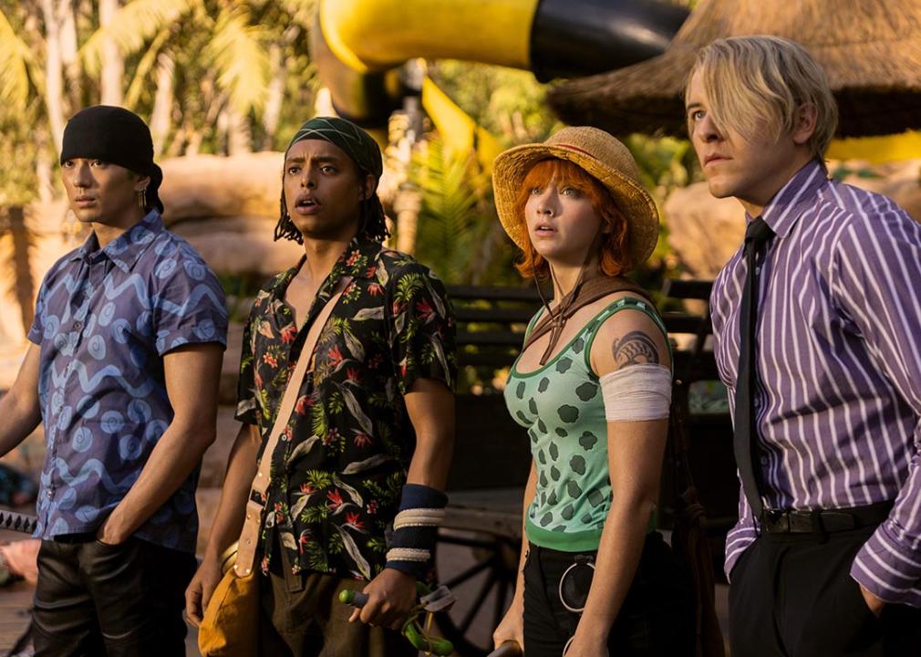 Mackenyu Arata as Roronoa Zoro, Jacob Romero Gibson as Usopp, Emily Rudd as Nami, Taz Skylar as Sanji in season 1 of One Piece.