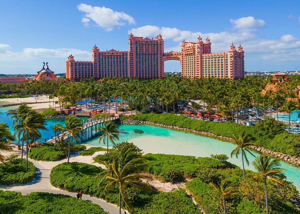 Paradise Lagoon aerial view and The Royal Tower at Atlantis Hotel on Paradise Island, Bahamas.