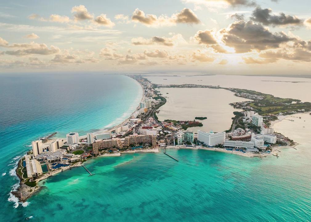 View of beautiful Hotels in the hotel zone of Cancun at sunset. Riviera Maya region in Quintana roo on Yucatan Peninsula.