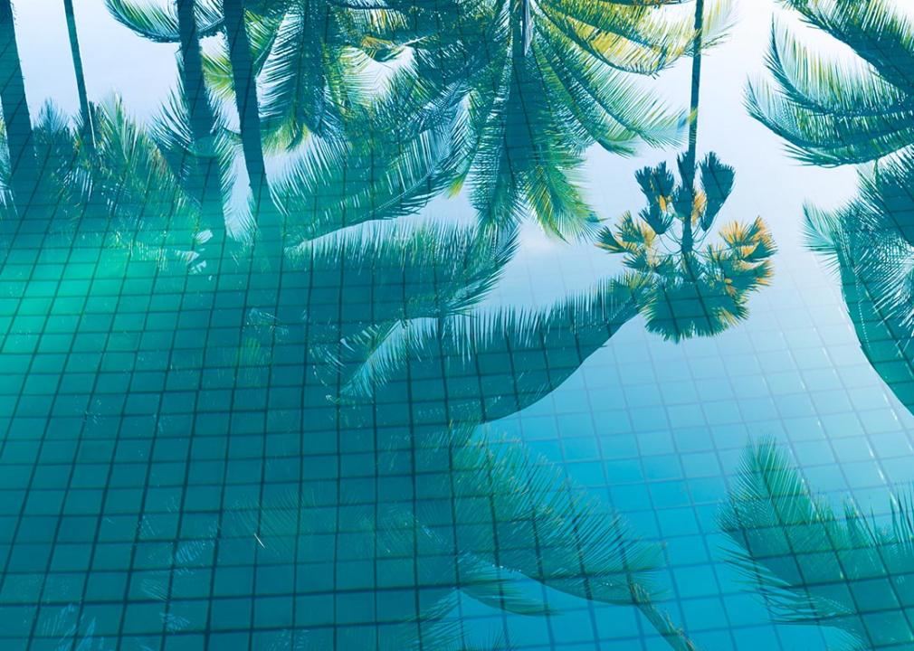 View of bottom of tiled pool with reflections of palm trees in the still water.