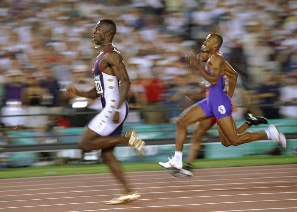 Michael Johnson on his way to winning the 200 metres gold medal in a new world record time of 19.32 in the Olympic Stadium at the 1996 Centennial Olympic Games in Atlanta, Georgia.
