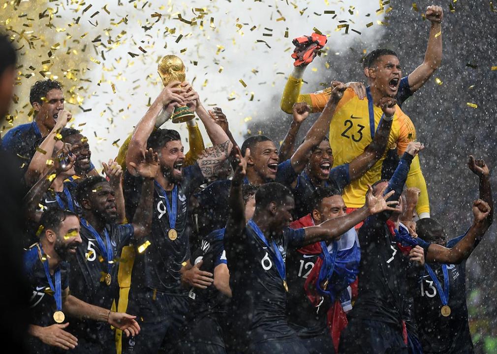 France's players lift the Fifa World Cup trophy after 2018 World Cup final football match between France and Croatia at the Luzhniki Stadium in Moscow on July 15, 2018. 