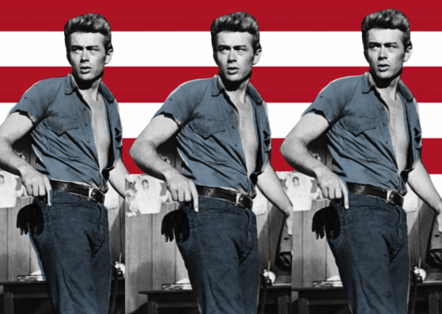 A photo illustrations depicting James Dean wearing jeans against a backdrop of the American flag.